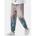 Mens Casual Landscape Print Drawstring Loose Pants