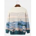 Men 100  Cotton Landscape Drop Shoulder Pullover Knitted Sweaters