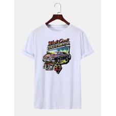 Men Cartoon Car Print Round Neck Hem Cuff Short Sleeve Casual T  Shirt