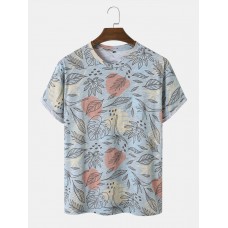 Men Cotton Allover Tropical Print Round Neck Short Sleeve Leisure T  Shirts