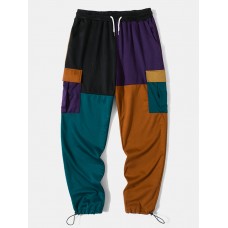 Men Patchwork Color Block Side Pockets Drawstring Street Pants